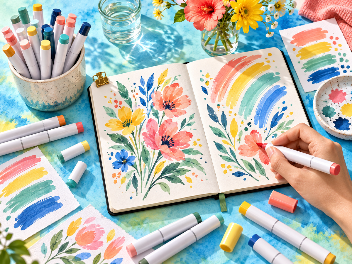 Colourful beginner marker artwork on a blue watercolor table