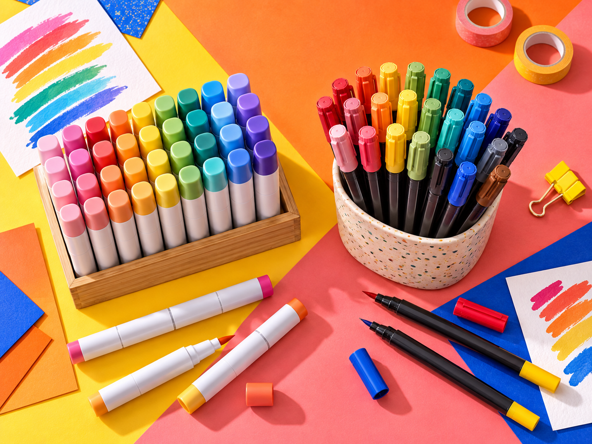 Two colourful marker sets compared on orange and yellow backgrounds