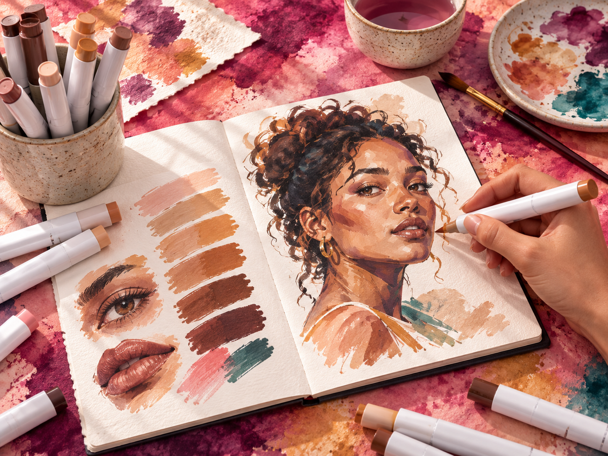 Skin tone marker blending portrait on a berry watercolor background