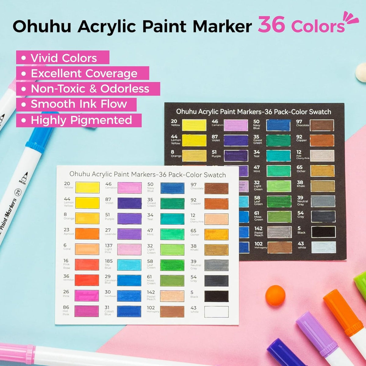 Ohuhu Akaka 36 Colours Acrylic Markers – colours acrylic markers y30 80601 75 02 colour chart