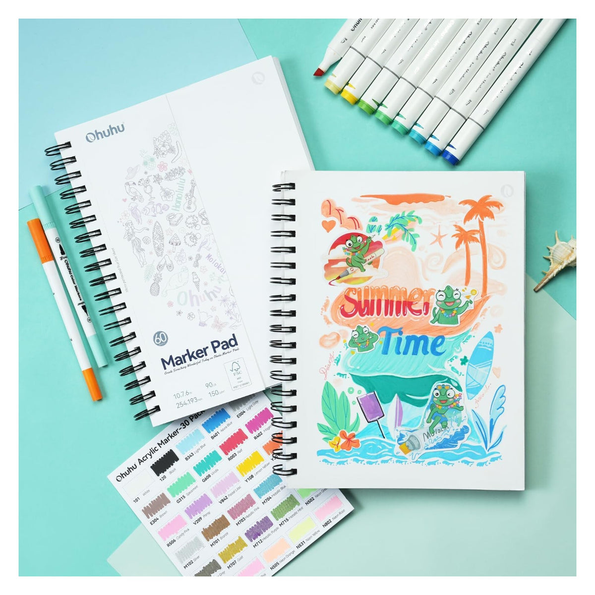 Ohuhu marker pad shown with decorated cover, markers and colour chart