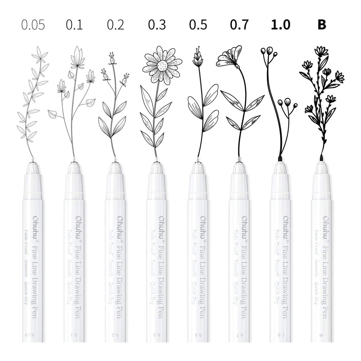 Ohuhu fineliner tip sizes from 0.05 mm to 1.0 mm plus brush tip