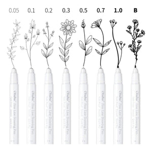 Ohuhu fineliner tip sizes from 0.05 mm to 1.0 mm plus brush tip