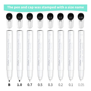 Size labels printed on Ohuhu fineliner pen caps and barrels