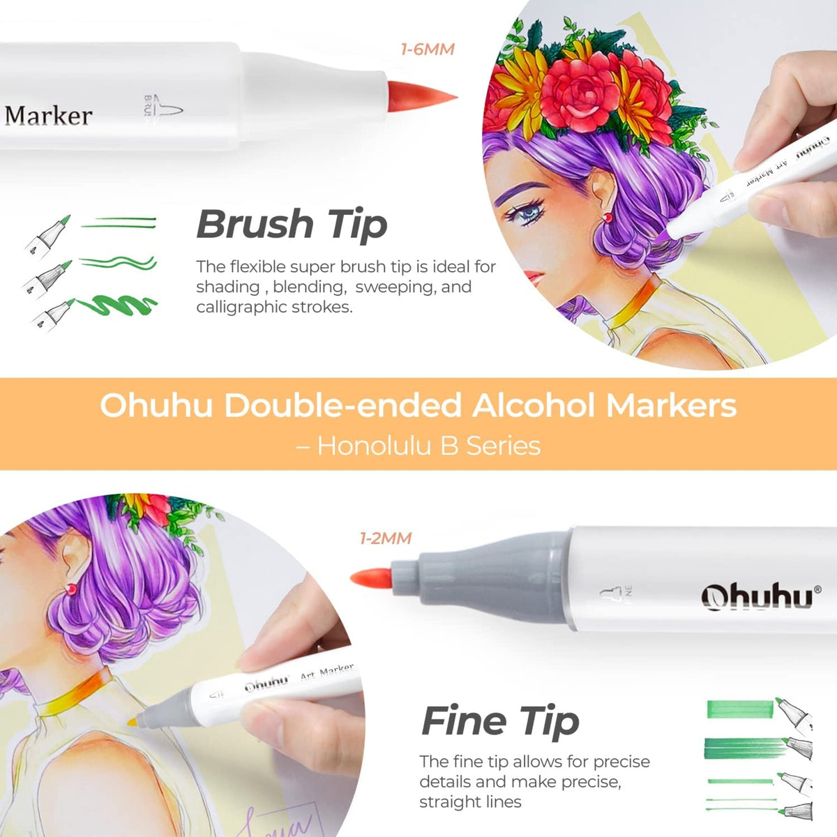 Ohuhu Honolulu B 104+1 Colours Alcohol Markers – 02 brush fine tips