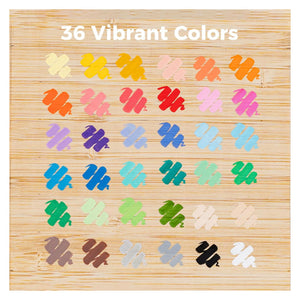 Colour range of 36 Ohuhu Waikiki acrylic paint markers shown on wood