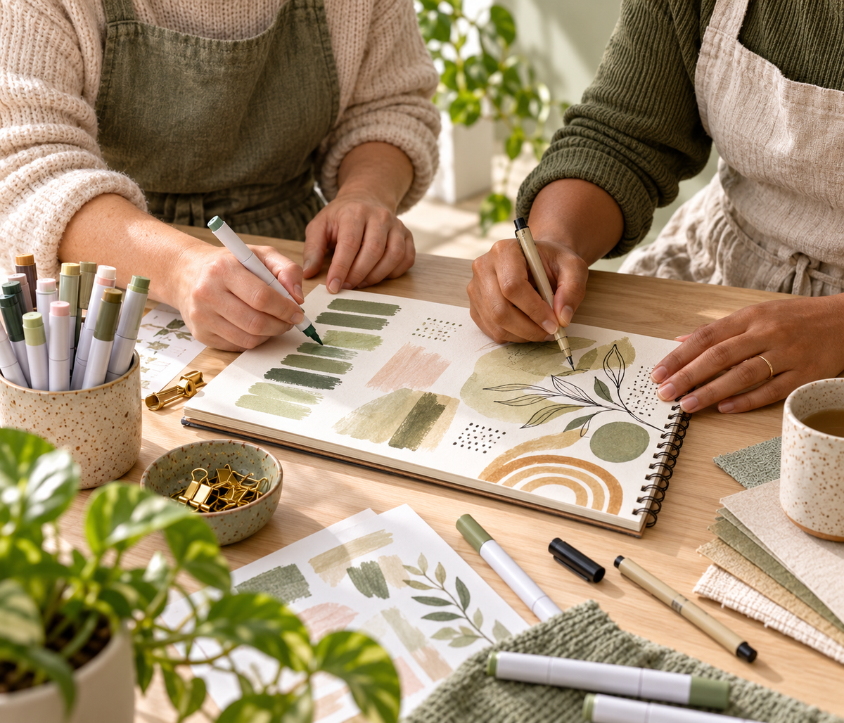 Two creators working together with markers and fineliners