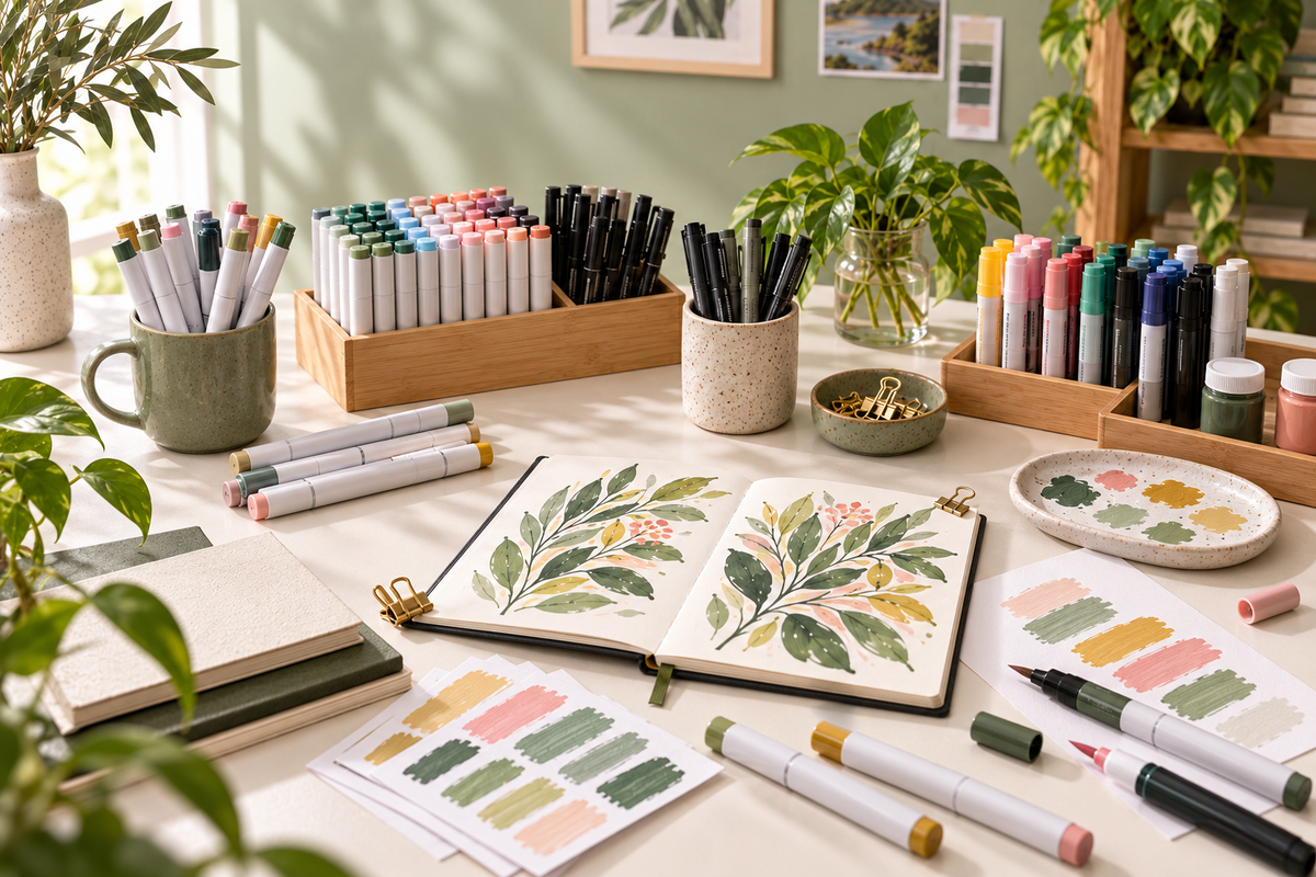 Curated markers, fineliners and paper organised by creative purpose