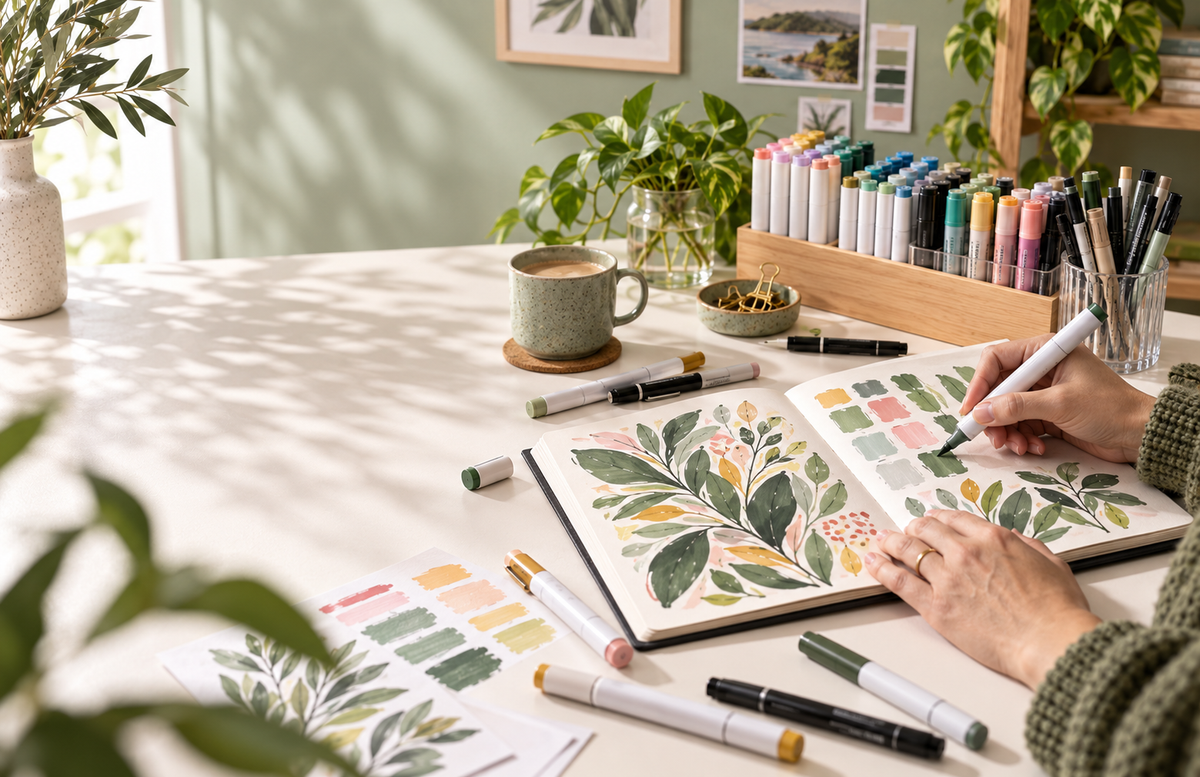 Artist testing marker colours in a bright creative studio