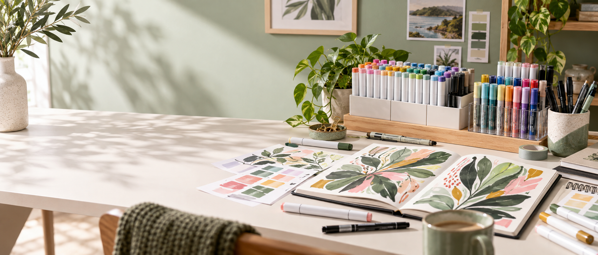 Colourful markers, fineliners and marker paper arranged in a bright creative studio