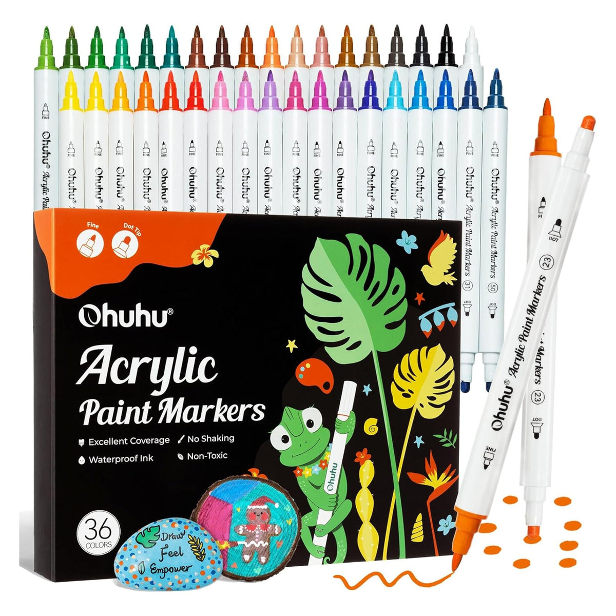 Ohuhu Akaka 36-colour dual tip acrylic paint marker set with fine and dot tips