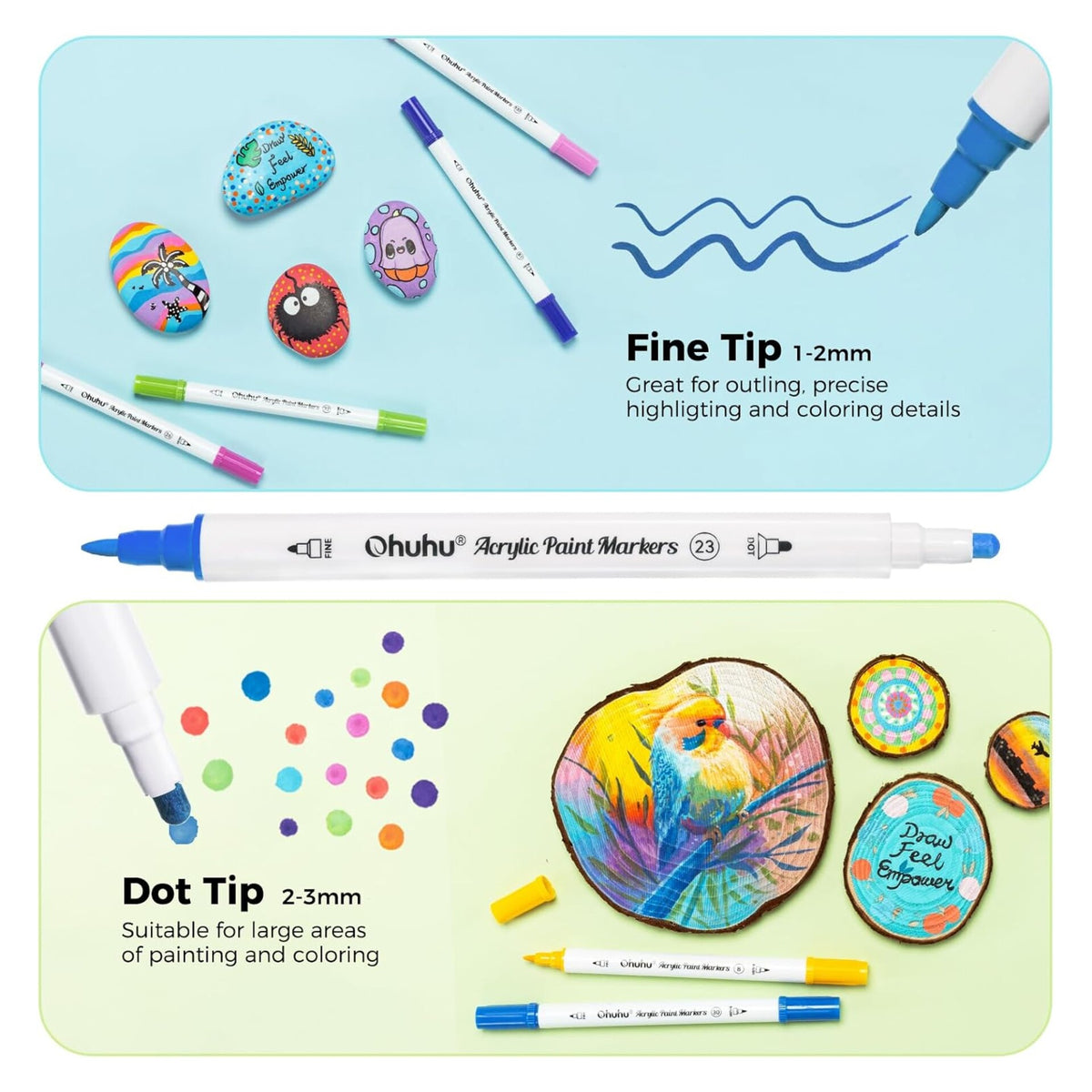 Ohuhu Akaka fine tip and dot tip sizes shown with artwork examples