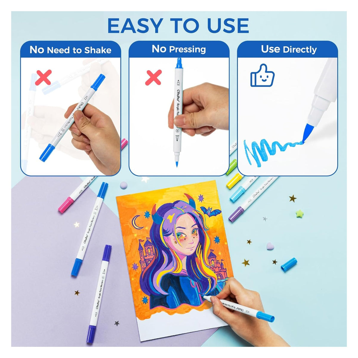 Ohuhu Akaka acrylic paint markers ready to use without shaking or pressing