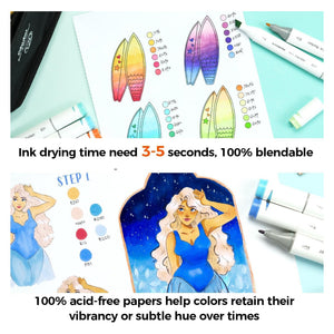 Marker illustrations on Ohuhu acid-free paper with quick-drying ink