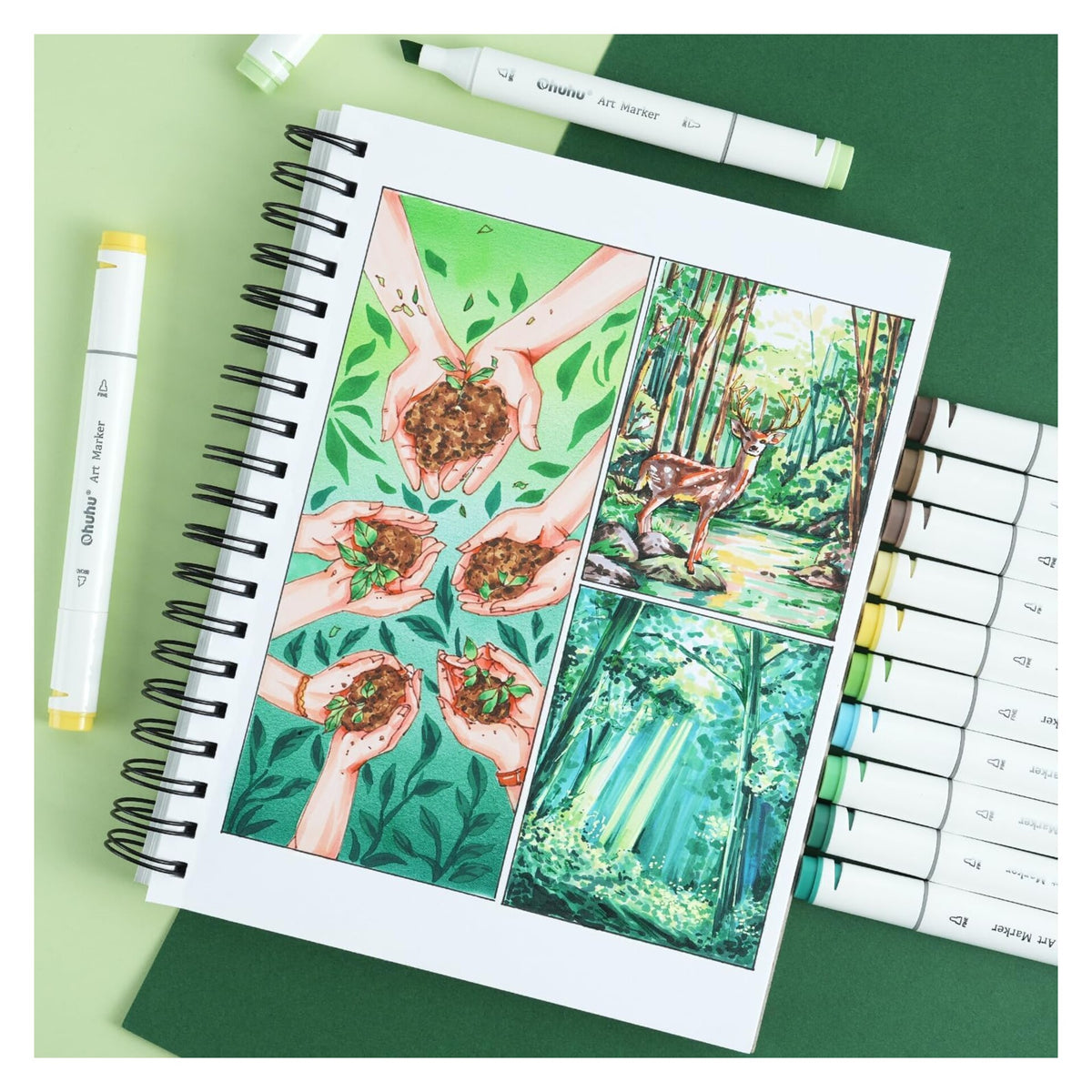 Completed marker artwork displayed on an Ohuhu spiral marker pad