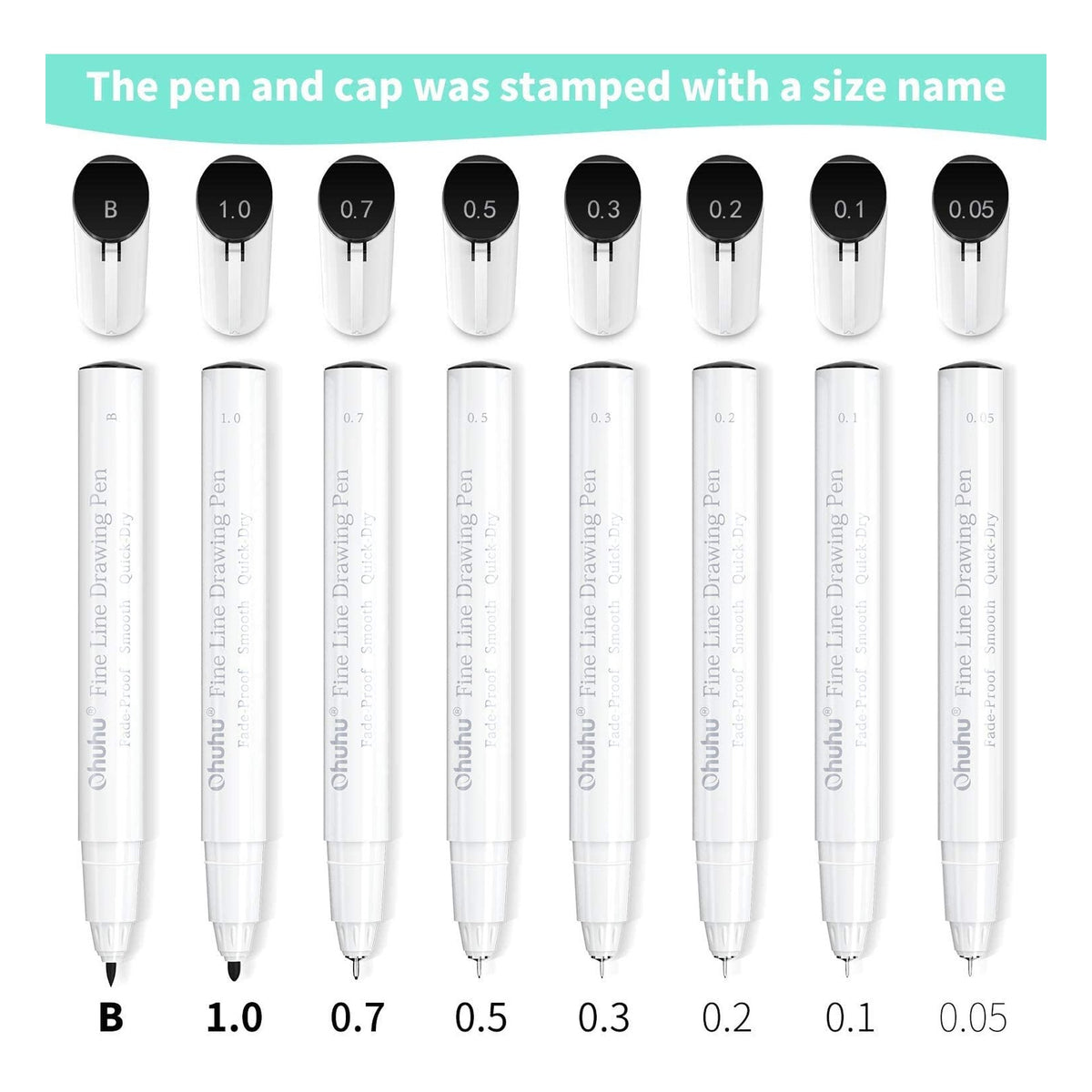 Size labels printed on Ohuhu fineliner pen caps and barrels