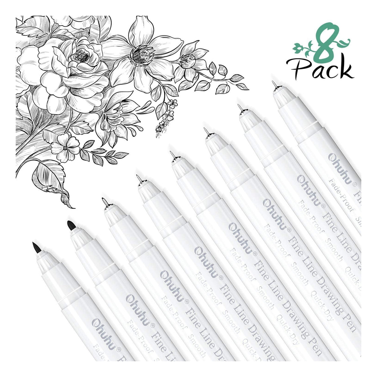 Eight Ohuhu fineliner drawing pens with assorted tip sizes