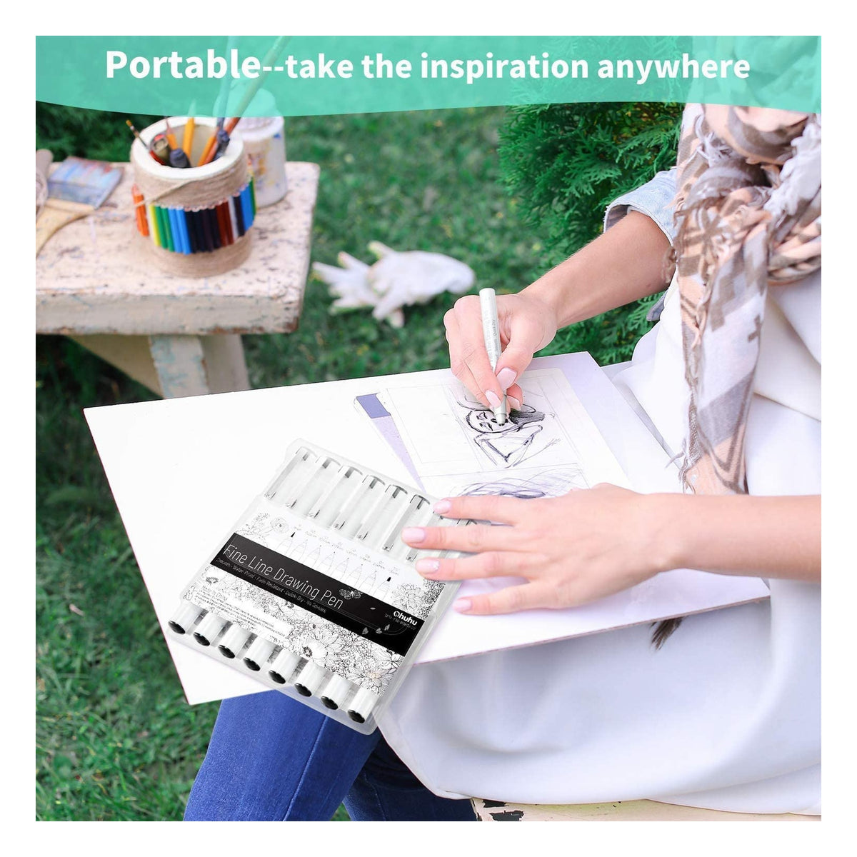 Portable Ohuhu fineliner pen set used for outdoor sketching