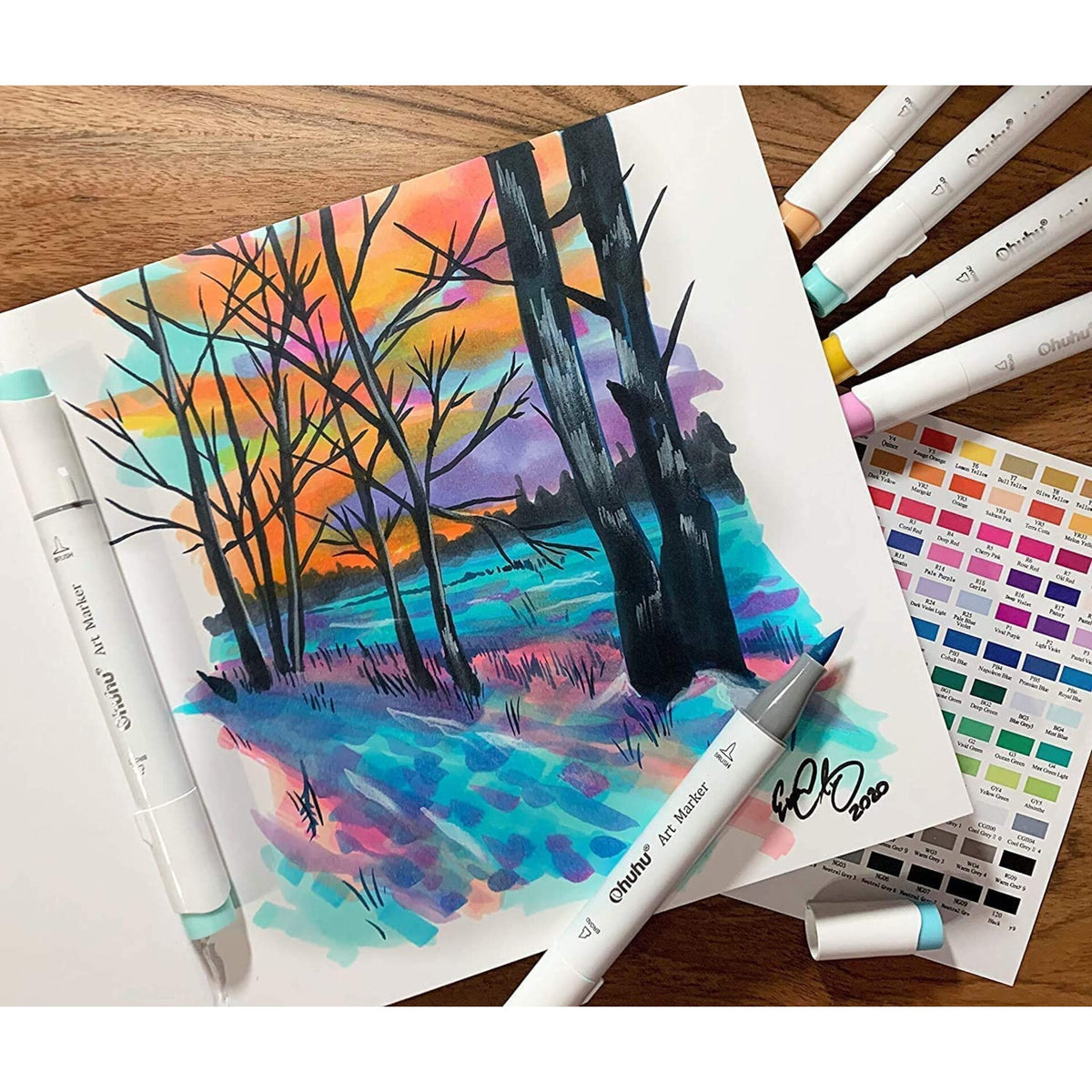 Colourful forest artwork created with Ohuhu Honolulu B alcohol markers