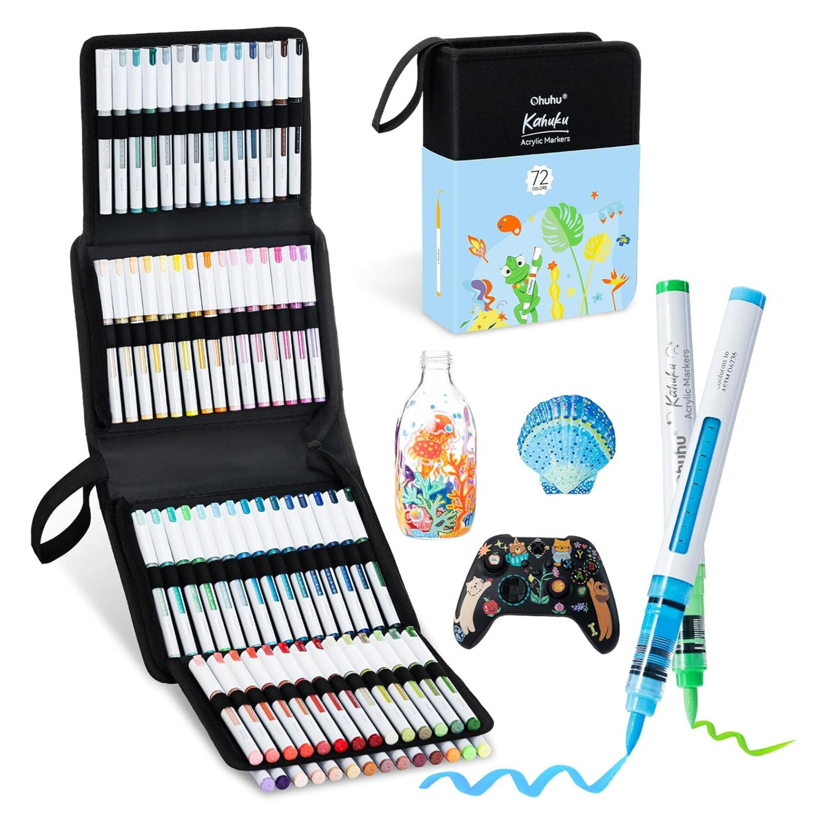 Ohuhu Kahuku 72-colour flexible brush tip acrylic marker set with carrying case