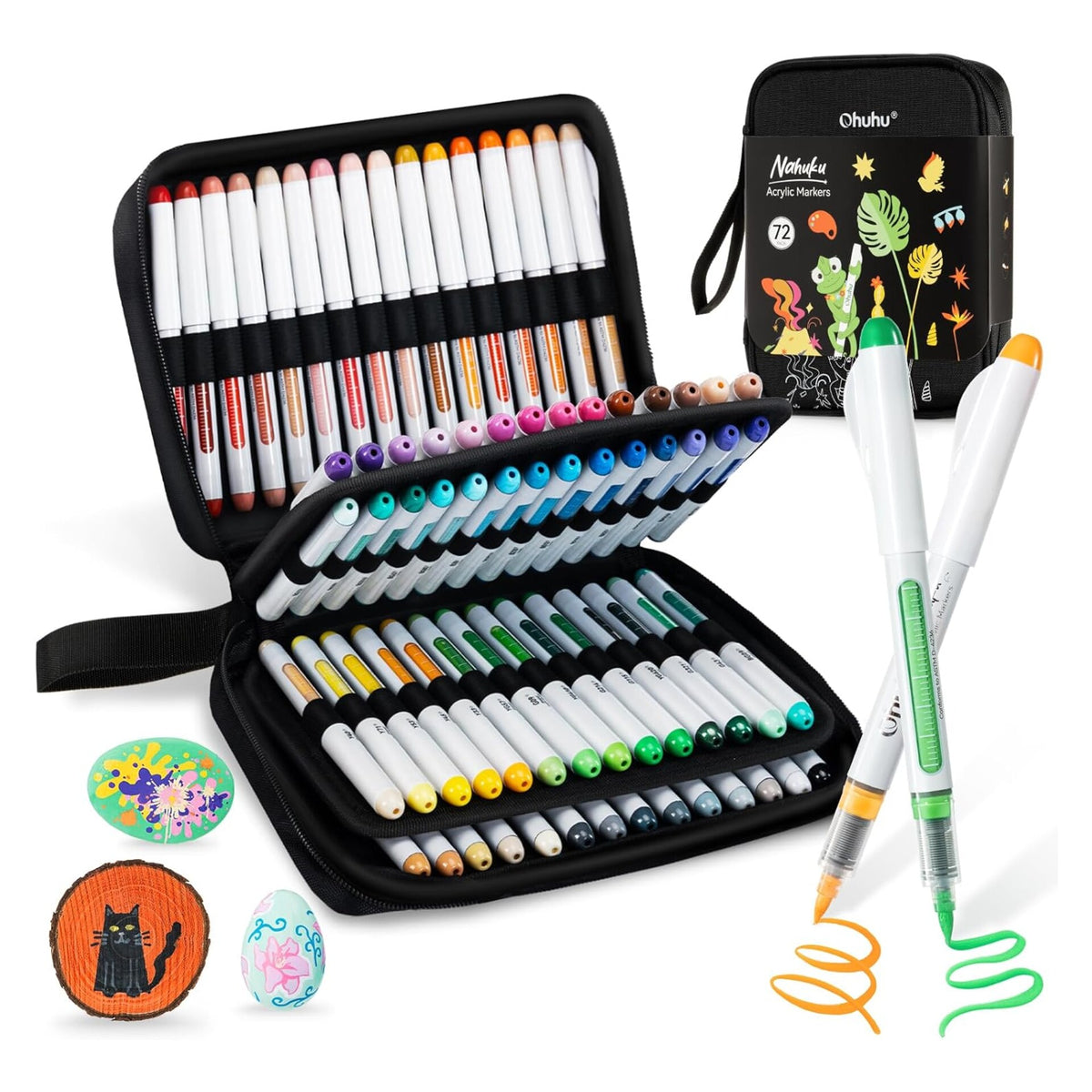 Ohuhu Nahuku 72-colour flexible brush tip acrylic marker set in a carrying case