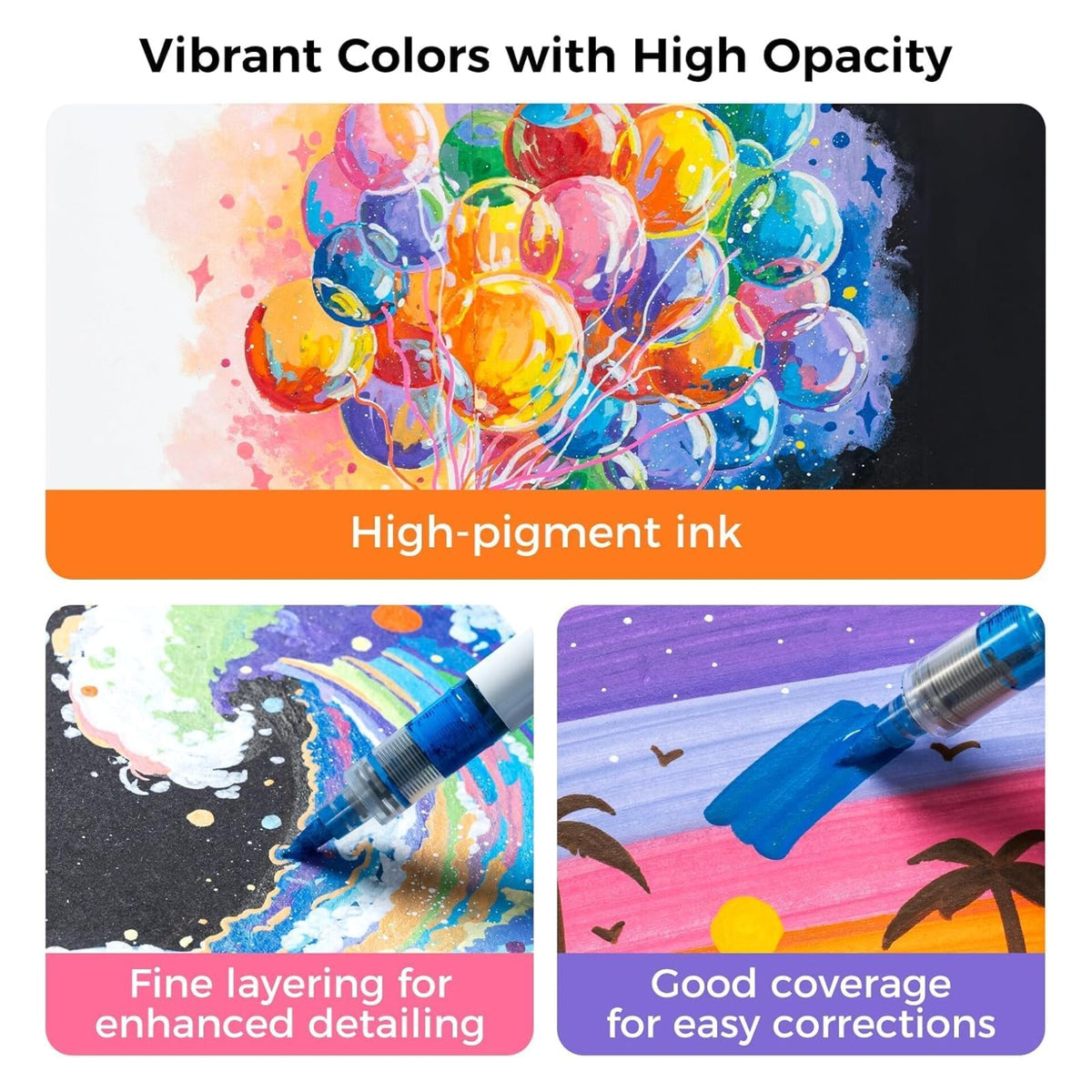 High-opacity Ohuhu Nahuku acrylic marker strokes used for layering and coverage