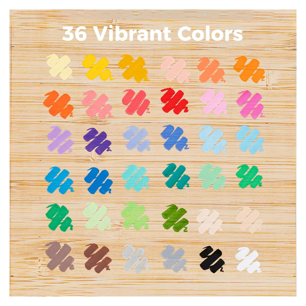 Colour range of 36 Ohuhu Waikiki acrylic paint markers shown on wood